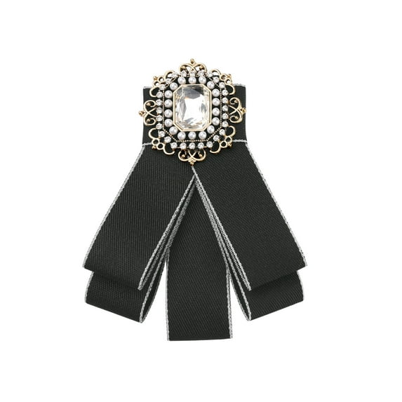 INSPIRE CHIC Rhinestone Pre-Tied Ribbon Brooch Bow Tie Pin Collar Bow for Women Black One Size