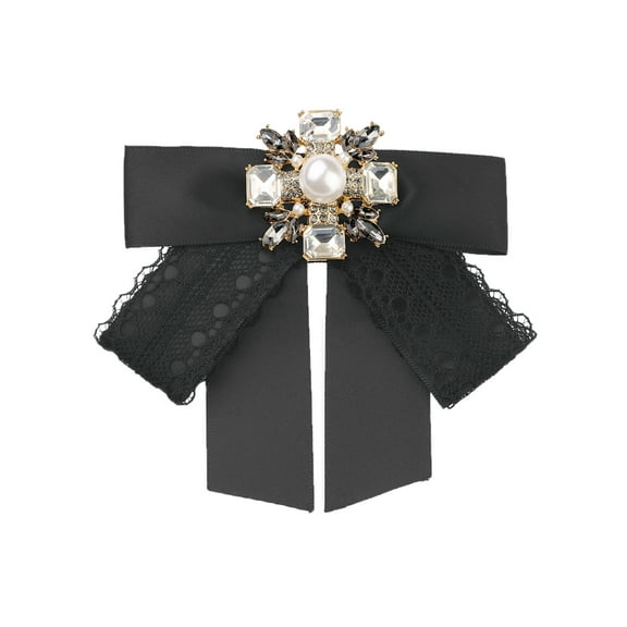 INSPIRE CHIC Satin Bow Ribbon Lace Trim Shirt Rhinestone Brooch Ties Black