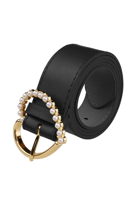 Stylish Women's Belt Heart-Shaped Buckle with Beads Belts Encrusted Buckle Solid Color Waistband for Dress 40.6x1.3" Black