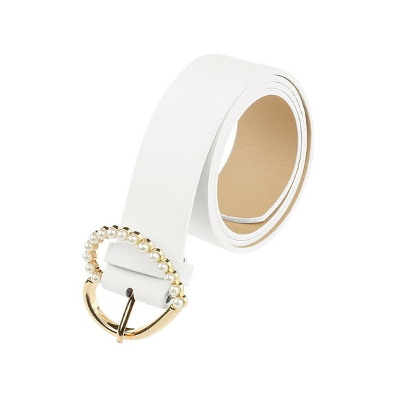 INSPIRE CHIC Stylish Women's Belt Heart-Shaped Buckle with Beads Belts Encrusted Buckle Solid Color Waistband for Dress 40.6x1.3" Pure White