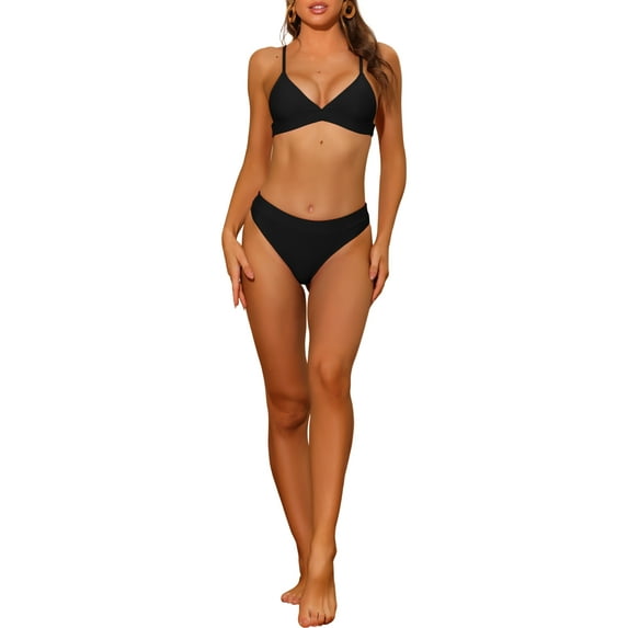 Women's 2 Piece Triangle Bikini Sets, V Neck Adjustable Spaghetti Straps Top Basic Bottom Swimwear Suits Medium Black