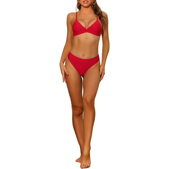 Women's 2 Piece Triangle Bikini Sets, V Neck Adjustable Spaghetti Straps Top Basic Bottom Swimwear Suits Medium Red