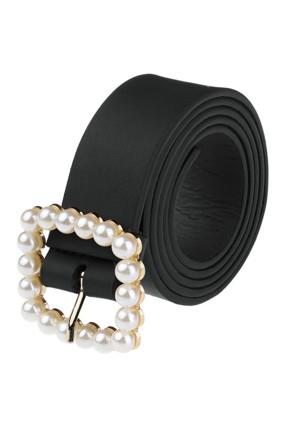 Women Faux Leather Pearl Buckle Belt 1.2" Wide Waistbelts for Jeans