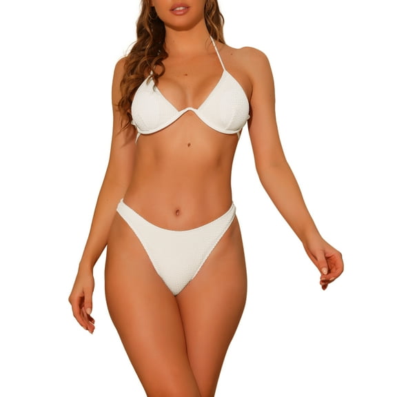 INSPIRE CHIC Women's Halter Underwire Ribbed Bikini Sets, 2 Piece Double Straps Tie Back Triangle Bottoms Swimwear Bathing Suits X-Large White