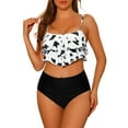 thumbnail image 1 of INSPIRE CHIC Women' s Tankini Cow Print Ruffled Tank Top Bikini Sets 2 Piece Tummy Control Swimwear High Waisted Bikini X-Large Black, 1 of 5