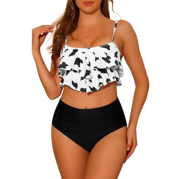 INSPIRE CHIC Women' s Tankini Cow Print Ruffled Tank Top Bikini Sets 2 Piece Tummy Control Swimwear High Waisted Bikini X-Large Black