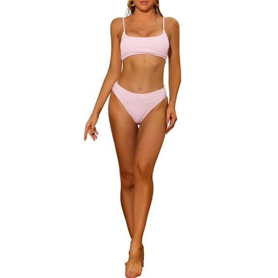Women's 2 Piece Ribbed Bikini Sets Adjustable Spaghetti Straps Sports Swimwear Bathing Suits Pink L