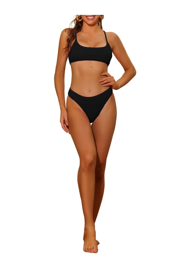 Women's 2 Piece Ribbed Bikini Sets Adjustable Spaghetti Straps Sports Swimwear Bathing Suits Black S