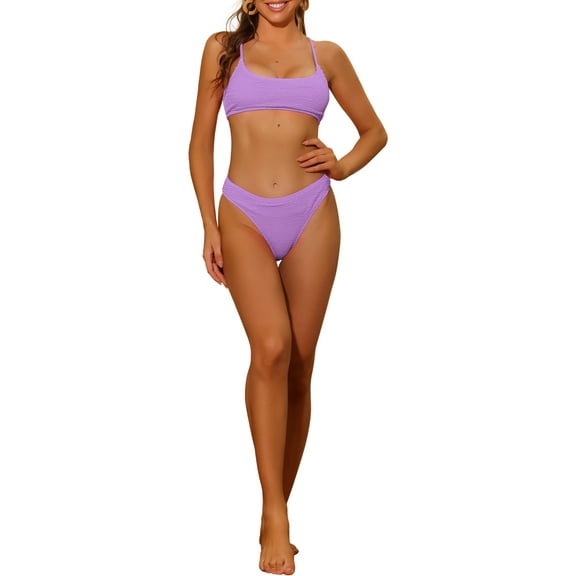 Women's 2 Piece Ribbed Bikini Sets, Adjustable Spaghetti Straps Sports Swimwear Bathing Suits Purple M