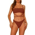 thumbnail image 1 of Women's 2 Piece Sporty Ribbed Bikini Sets, Lace-up Adjustable Spaghetti Straps Swimwear Bathing Suits X-Small Brown, 1 of 5