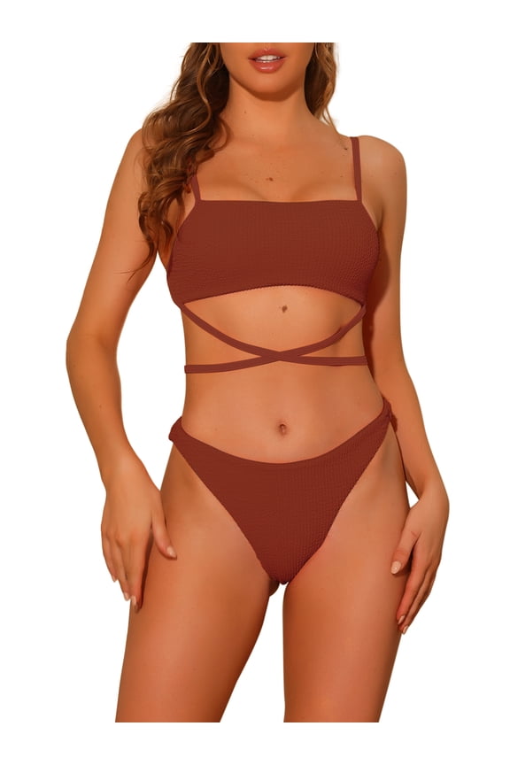 Women's 2 Piece Sporty Ribbed Bikini Sets, Lace-up Adjustable Spaghetti Straps Swimwear Bathing Suits Large Brown