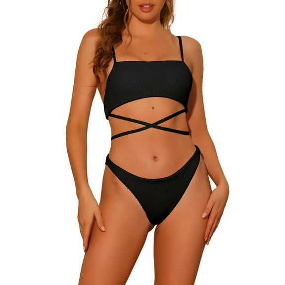 Women's 2 Piece Sporty Ribbed Bikini Sets, Lace-up Adjustable Spaghetti Straps Swimwear Bathing Suits Medium Black