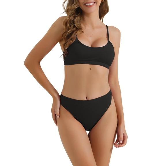 Women's Adjustable Spaghetti Straps Bikini Sets, 2 Piece Ribbed High Waist Bottoms Swimwear Bathing Suits Medium Black