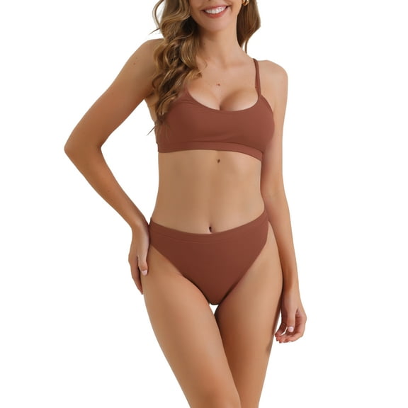 Women's Adjustable Spaghetti Straps Bikini Sets, 2 Piece Ribbed High Waist Bottoms Swimwear Bathing Suits X-Small Dark Red