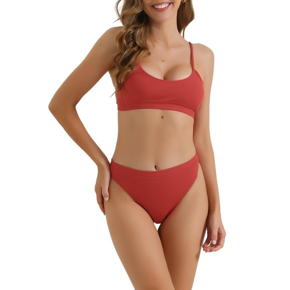Women's Adjustable Spaghetti Straps Bikini Sets, 2 Piece Ribbed High Waist Bottoms Swimwear Bathing Suits X-Small Red