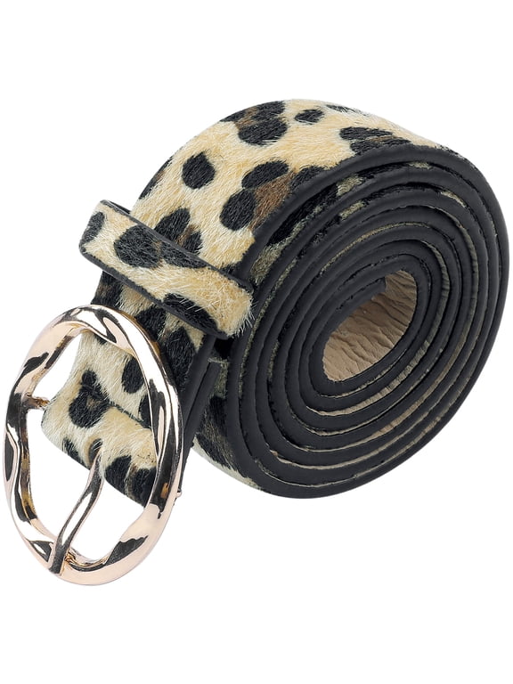 Women's Faux Fur Animal Print Belt Wild Leopard & Snake Print Faux Leather Wide Waist Belt with Round Gold Buckle for Jeans Dresses 41.7x1.1" Leopard-Print