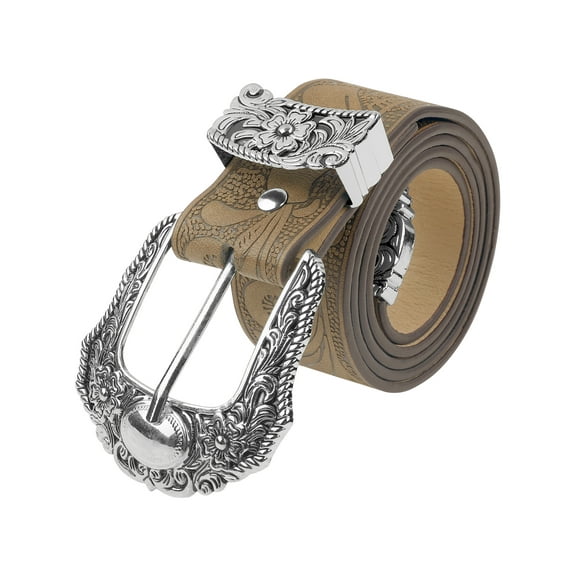 INSPIRE CHIC Women's Belt Retro Print Pattern Pin Buckle Belts Decoration for Dresses Skirt 103x3.8cm/40.6x1.5" Brown Embossed Silver Buckle