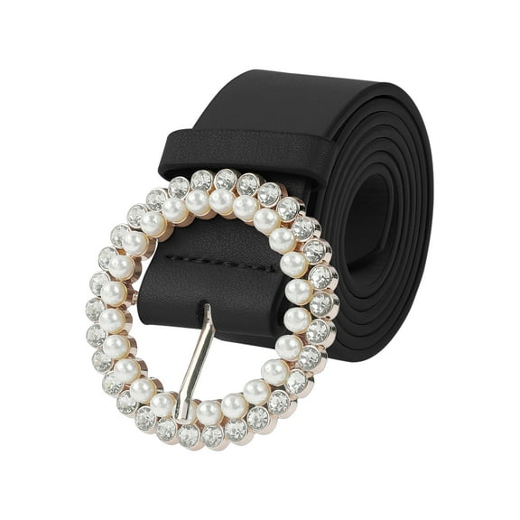 INSPIRE CHIC Women's Belt Rhinestones Pearl Buckle Fashion Sweet Belts for Dresses Pants 106x3.5cm/41.7x1.4" Black