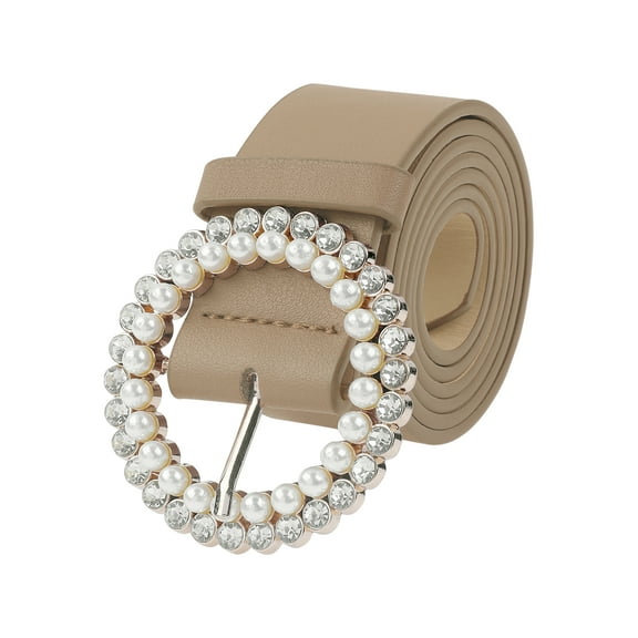INSPIRE CHIC Women's Belt Rhinestones Pearl Buckle Fashion Sweet Belts for Dresses Pants 106x3.5cm/41.7x1.4" Khaki