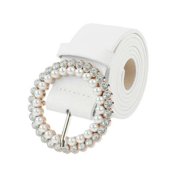 INSPIRE CHIC Women's Belt Rhinestones Pearl Buckle Fashion Sweet Belts for Dresses Pants 106x3.5cm/41.7x1.4" White