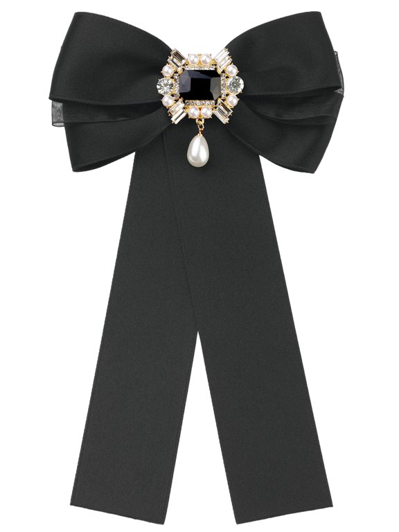 Women's Bow Brooch Bowknot Costume Elegant Bow Tie with Beads One Size Black