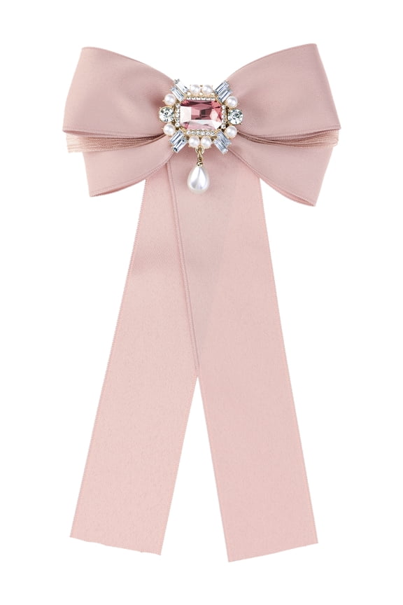 Women's Bow Brooch Bowknot Costume Elegant Bow Tie with Beads Pink One Size