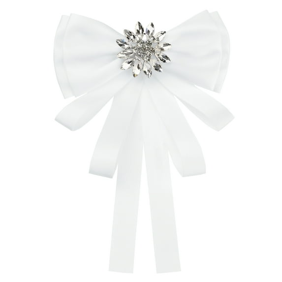 INSPIRE CHIC Women's Bowknot Brooch Shirt Bow Tie Rhinestone Blouses Neck Tie Breastpin White One Size