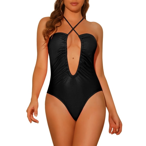 Women's Criss Cross Halter Cutout Drawstring Swimsuit, Plunge 1 Piece Bathing Suit Monokini Swimwear Black S