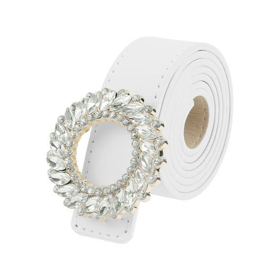INSPIRE CHIC Women's Faux Leather Belt Fashion Ladies Belt with Rhinestone Buckle for Jeans Pants 103x2.8cm/40.6x1.1" White