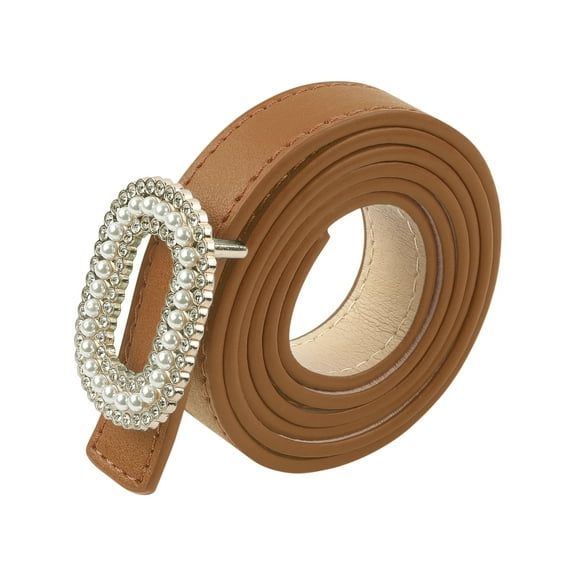 INSPIRE CHIC Women's Faux Leather Thin Belt Ladies Belt with Pearl Rhinestone Buckle for Jeans Pants 103x1.8cm/40.6x0.7" Brown