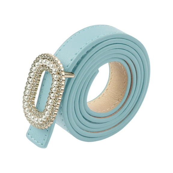 INSPIRE CHIC Women's Faux Leather Thin Belt Ladies Belt with Pearl Rhinestone Buckle for Jeans Pants 103x1.8cm/40.6x0.7" Light Blue