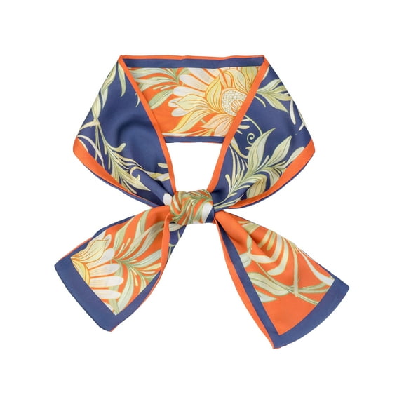 INSPIRE CHIC Women's Floral Printed Contrast Color Scarf, Skinny Long Hair Ribbon Neck Tie Scarves Neckerchief 95x9cm/37.4x3.5"(LxW) Red-Navy Blue