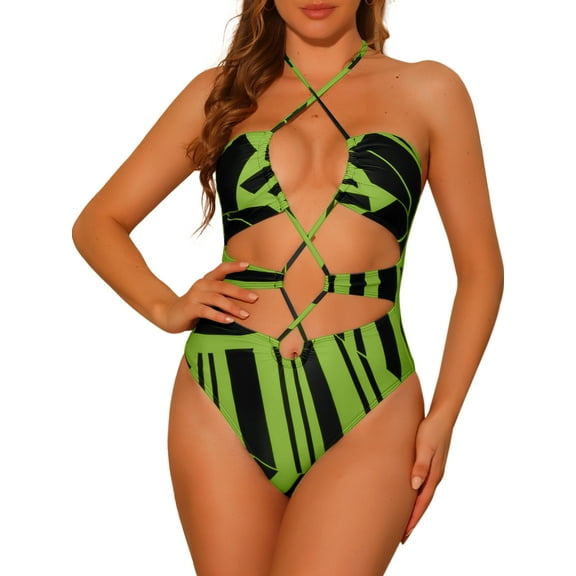 INSPIRE CHIC Women's Halter Allover Print Criss Cross Bikini 1 Piece String Cut Out Swimsuit Bathing Suits