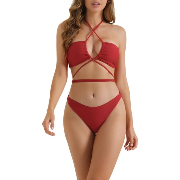 INSPIRE CHIC Women's Halter Bikini Sets, 2 Piece Double Lace Up Tie Back Triangle Bottoms Swimwear Bathing Suits X-Small Red