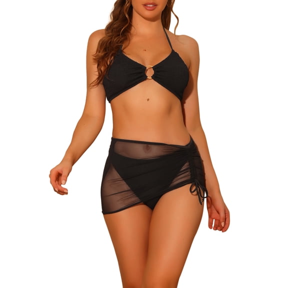 INSPIRE CHIC Women's Halter Ring Textured Bikini Sets, 3 Piece Solid Color Cover Up Mesh Skirt