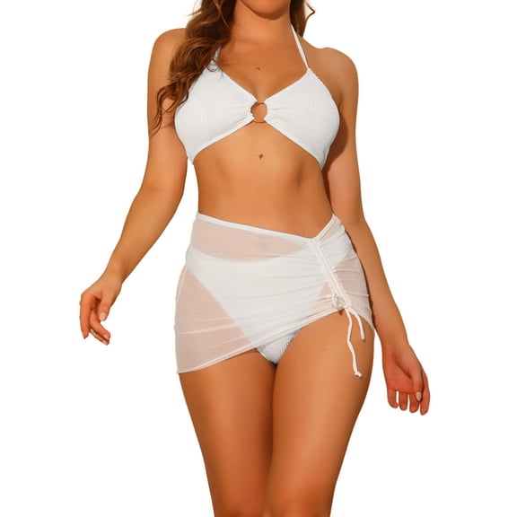 INSPIRE CHIC Women's Halter Ring Textured Bikini Sets, 3 Piece Solid Color Cover Up Mesh Skirt