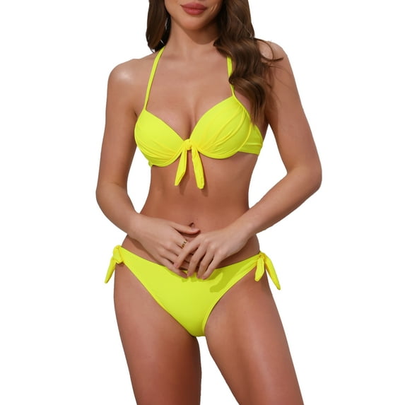 INSPIRE CHIC Women's Knot Twist Halter Bikini Sets, 2 Piece Double Straps Tie Back Triangle Bottoms Swimwear Bathing Suits X-Large Yellow
