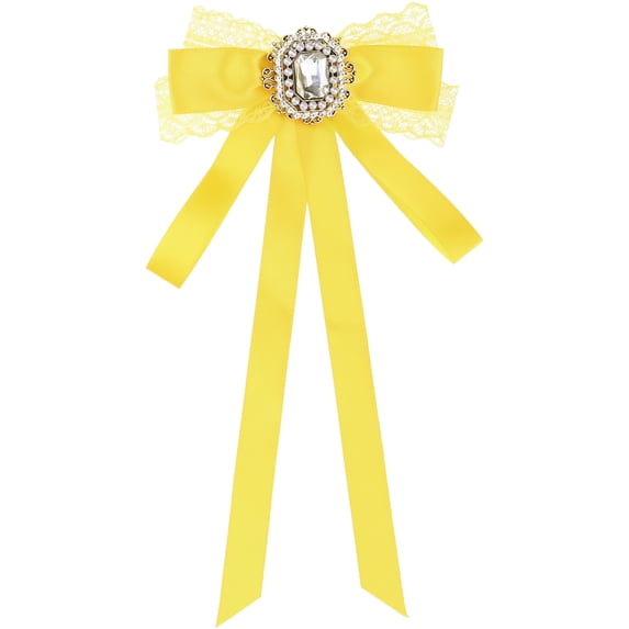INSPIRE CHIC Women's Long Webbing with Lace Trim Rhinestone Bow Brooch Yellow One Size