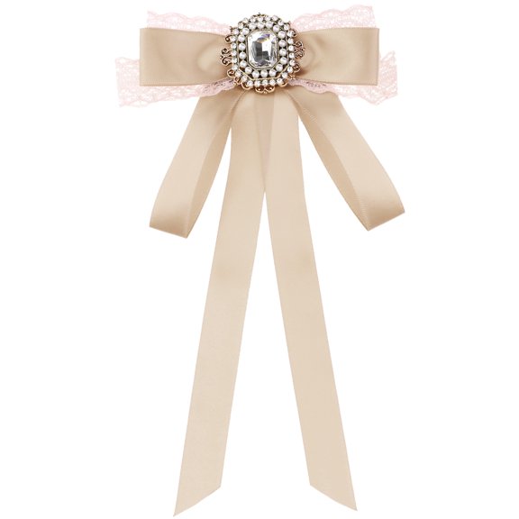 INSPIRE CHIC Women's Long Webbing with Lace Trim Rhinestone Bow Brooch Champagne One Size