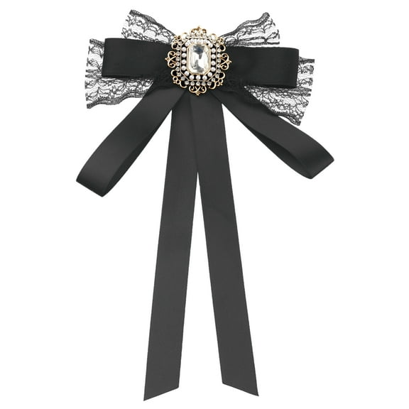 INSPIRE CHIC Women's Long Webbing with Lace Trim Rhinestone Bow Brooch Black One Size