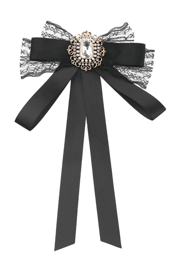 Women's Long Webbing with Lace Trim Rhinestone Bow Brooch Black One Size