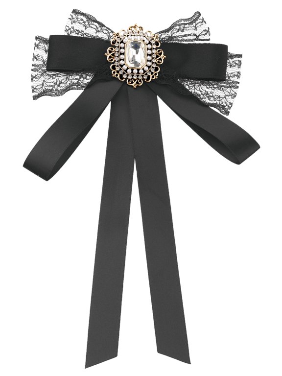 Women's Long Webbing with Lace Trim Rhinestone Bow Brooch Black One Size