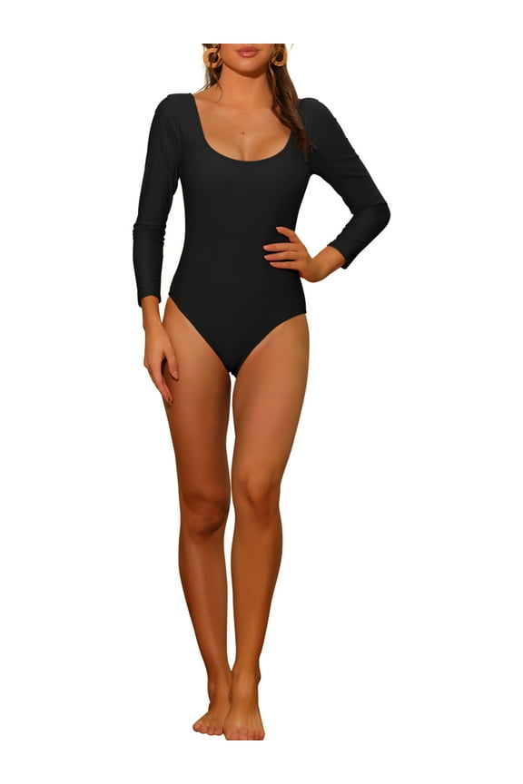 Women's 1 piece Long Sleeve Swimsuit Scoop Neck Backless Basic Rashguard Swimwear Bathing Suits Black L