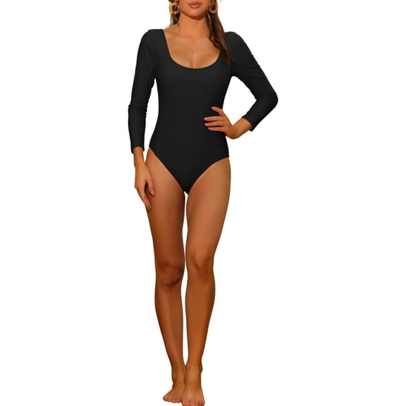 INSPIRE CHIC Women's 1 piece Long Sleeve Swimsuit Scoop Neck Backless Basic Rashguard Swimwear Bathing Suits Black M