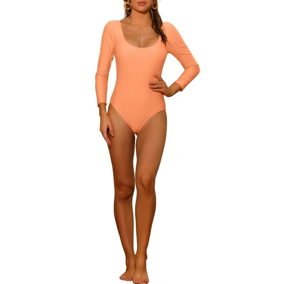 INSPIRE CHIC Women's 1 piece Long Sleeve Swimsuit Scoop Neck Backless Basic Rashguard Swimwear Bathing Suits Orange L