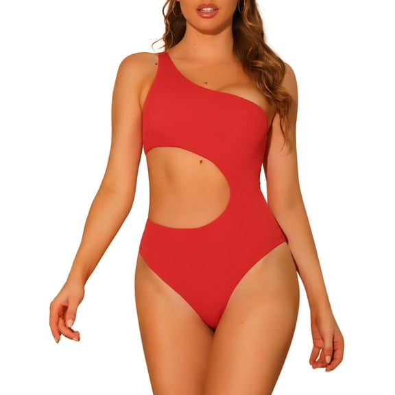 INSPIRE CHIC Women's 1 Piece One Shoulder Swimsuit, Asymmetric Waist Cutout Solid Swimwear Bathing Suit Monokini Red Medium