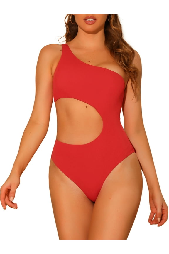 Women's 1 Piece One Shoulder Swimsuit, Asymmetric Waist Cutout Solid Swimwear Bathing Suit Monokini Red Small