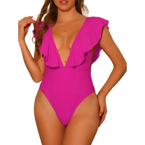 INSPIRE CHIC Women's One Piece V Neck Ruffled Swimwear Monokini Tummy Control Bathing Suit Hot Pink XL