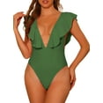 thumbnail image 1 of INSPIRE CHIC Women's One Piece V Neck Ruffled Swimwear Monokini Tummy Control Bathing Suit Army Green M, 1 of 5