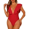 thumbnail image 1 of INSPIRE CHIC Women's 1 Piece V Neck Ruffled Swimwear Monokini Tummy Control Bathing Suit Red M, 1 of 5